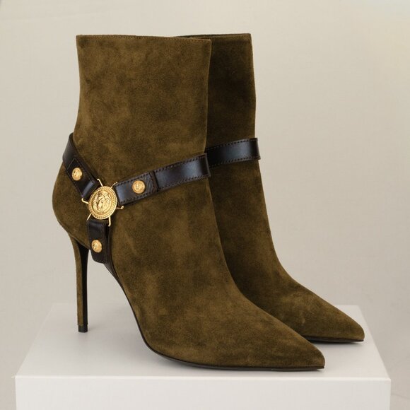 Balmain 105mm Eva Pointed Suede Leather Ankle Boot, Khaki Green, EU 40/US 10 - Picture 4 of 12